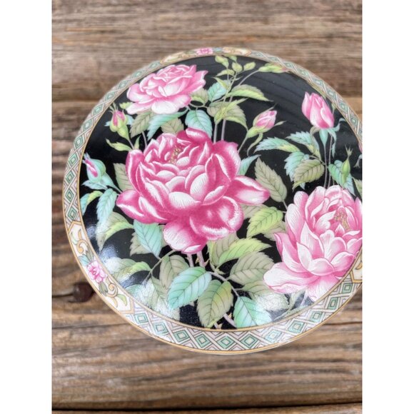 Vintage 1980s Lefton Pink Black Rose Porcelain Trinket box Round - Picture 1 of 10